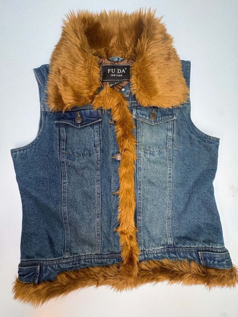 FU DA New York Womens S Denim Vest Faux Fur Trim Y2K Western Boho Jean